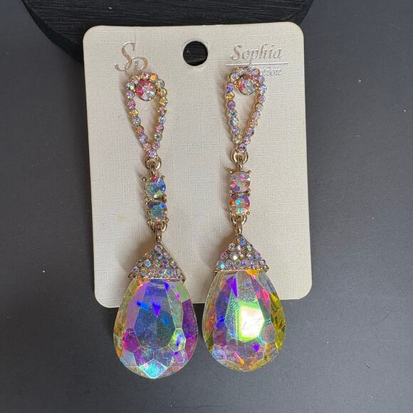 Crystal AB Aurora Borealis Statement Dangle Earrings Pierced Glass 3" - Picture 1 of 3